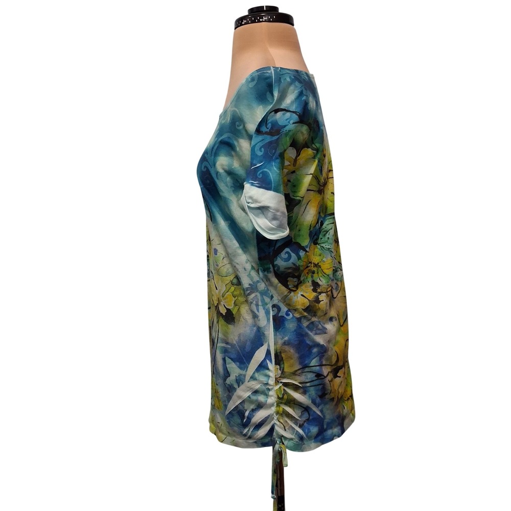 Fashion Bug Floral Rhinestone Tunic Top Blue Green Drawstring Ruched Small - Picture 2 of 11